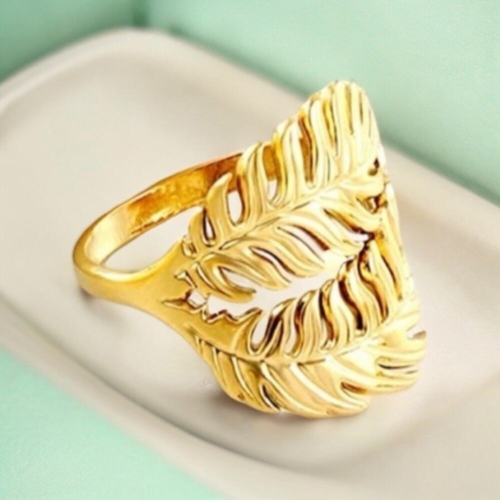 NEW 18K yellow gold plated boho feather leaf adjustable ring jewelry B28A